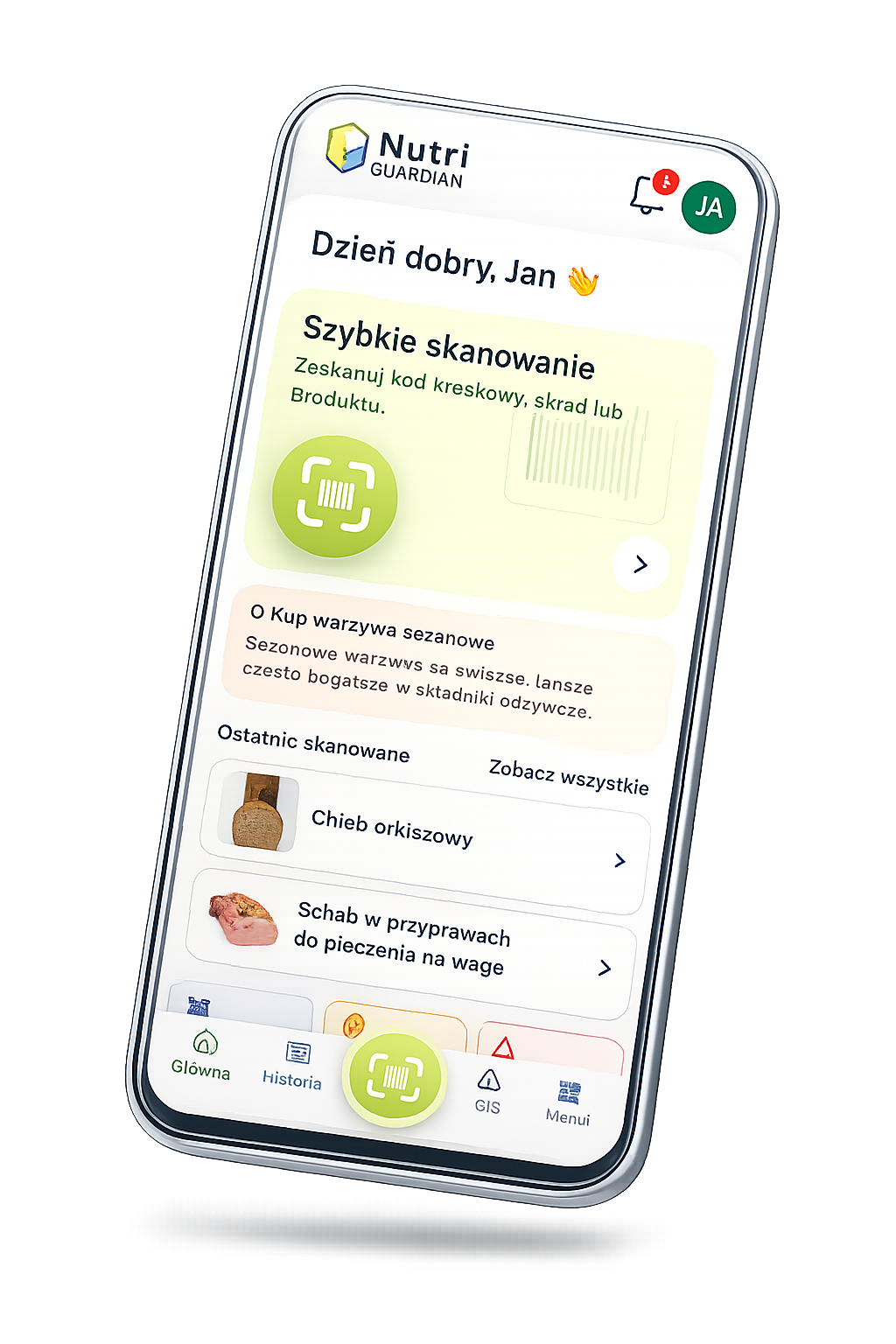 Ekran główny Nutri Guardian z szybkim skanowaniem